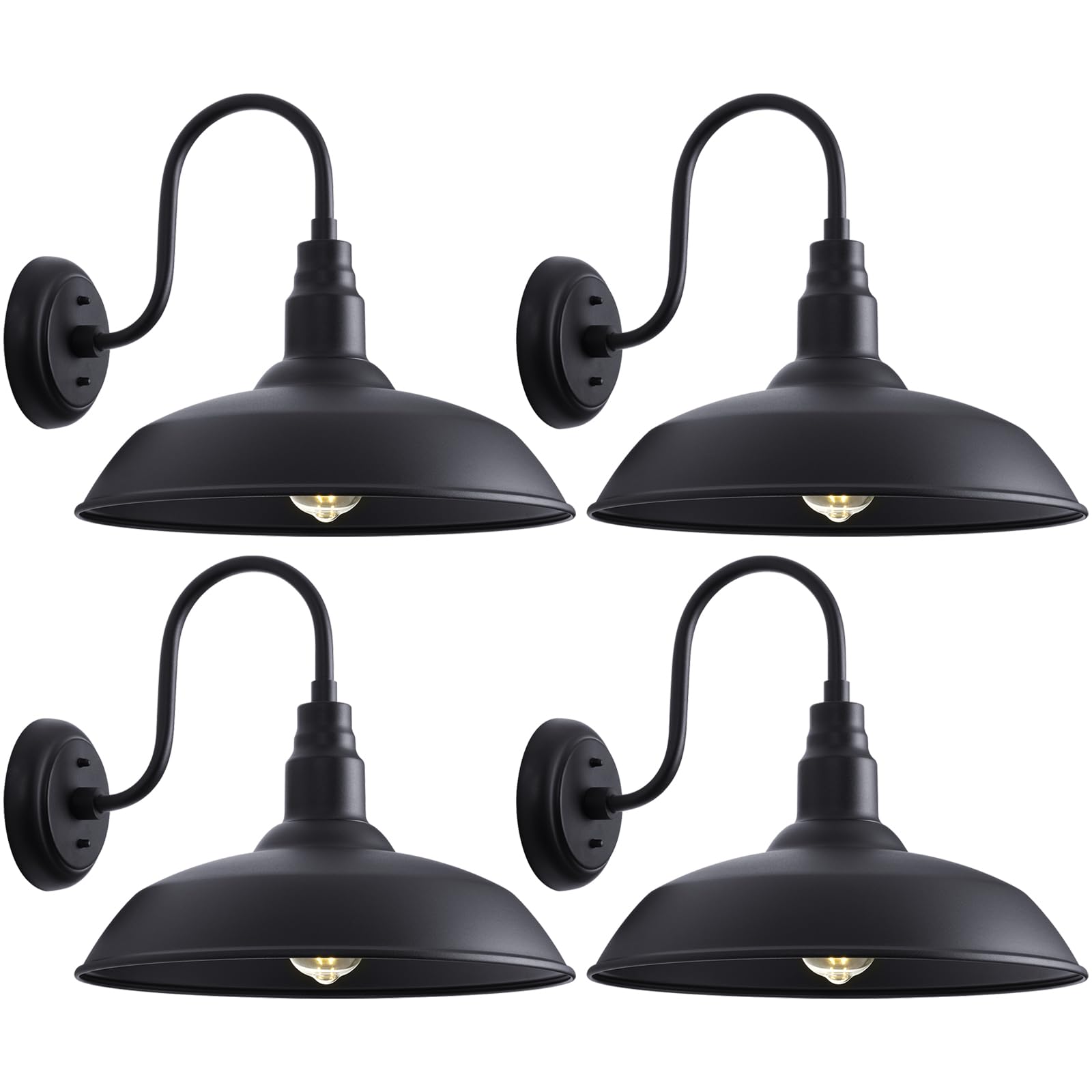 GOALPLUS Large Black Gooseneck Barn Light for Farmhouse, 16in Dome Outdoor Wall Lights for Porch, 4 Pack Exterior Lighting Fixture with Goose Neck Arm