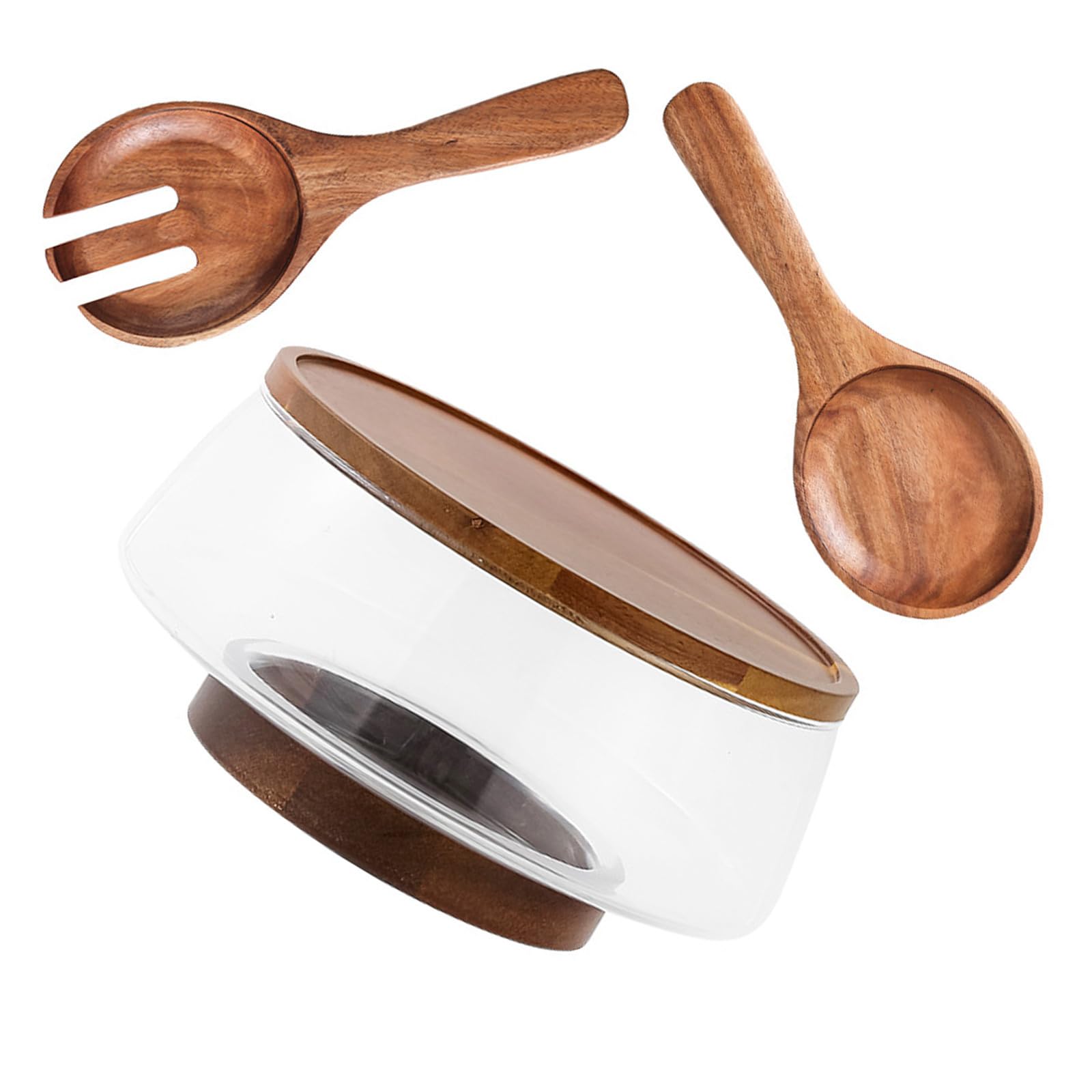 INOOMP Saladier en Verre 3,4 L avec Base en Bois et Ustensiles de Service
