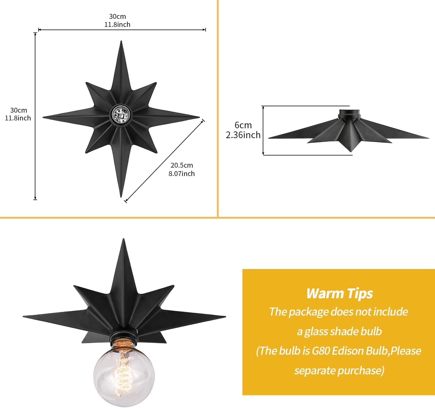 2 Pack Black Flush Mount Ceiling Light - 11.8 inch Star Lights Fixture Hallway Lighting Fixtures Ceiling Flush Mount Light Fixture for Kitchen Bathroom Bedroom Laundry Room (Bulb not included)