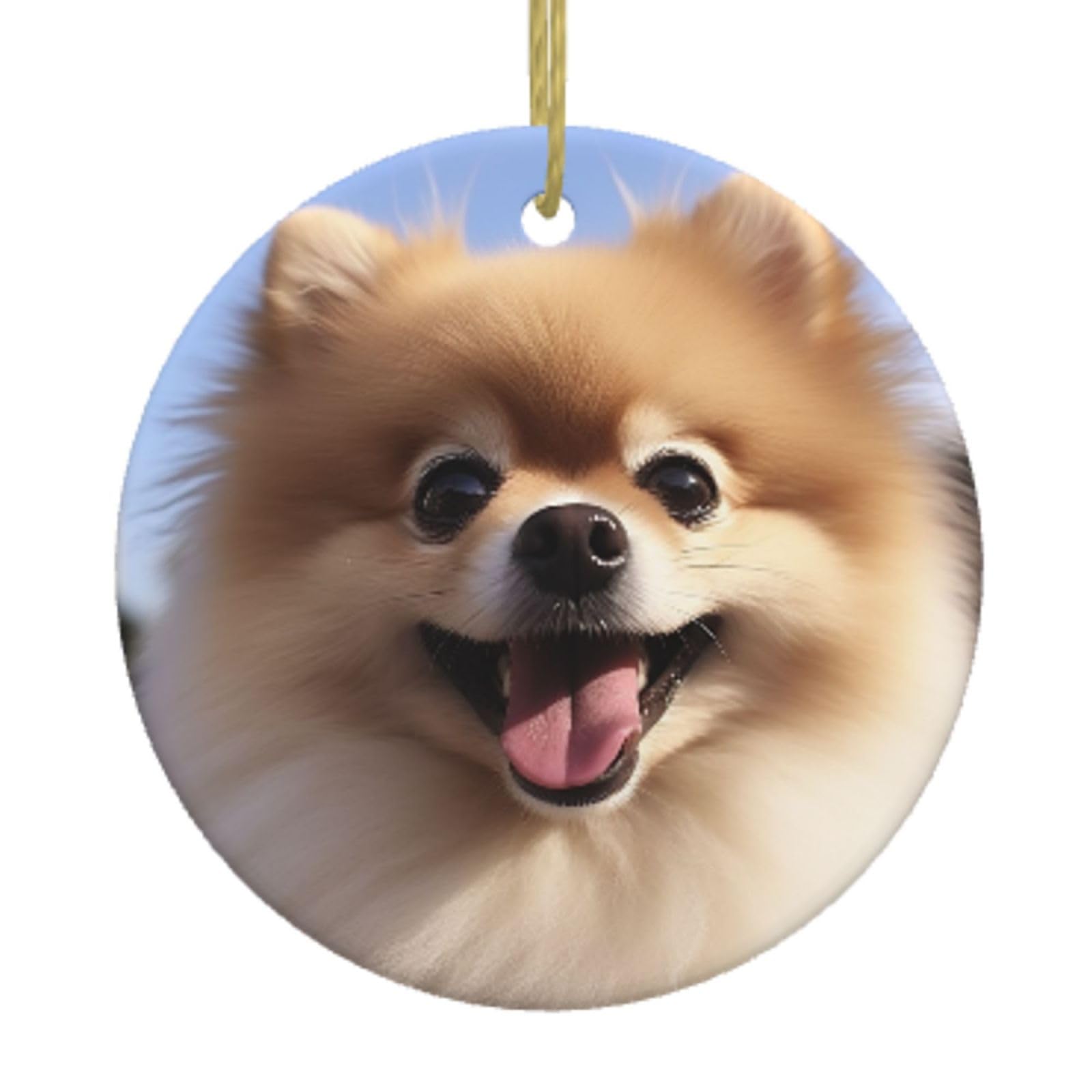 Ceramic Christmas Tree Hanging Ornaments with Gold Ropes Christmas Tree Decorations Round Ceramic Happy Pomeranian Pendant Keepsake Decorations for Holiday Xmas Gift Ideas