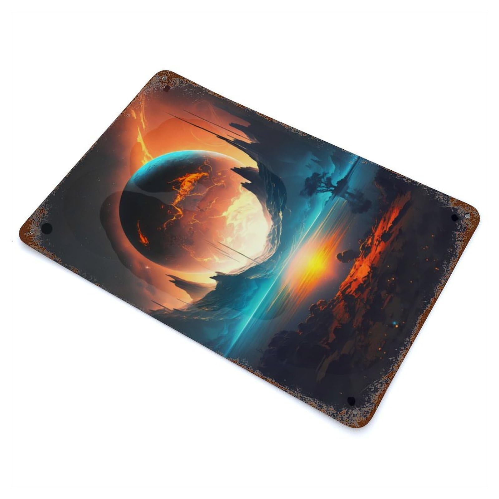 Planetary Heaven Landscape 11.8"x7.9" Weathered Tin Sign, Rustic Home Decor for Living Room, Hallway And Home Decor