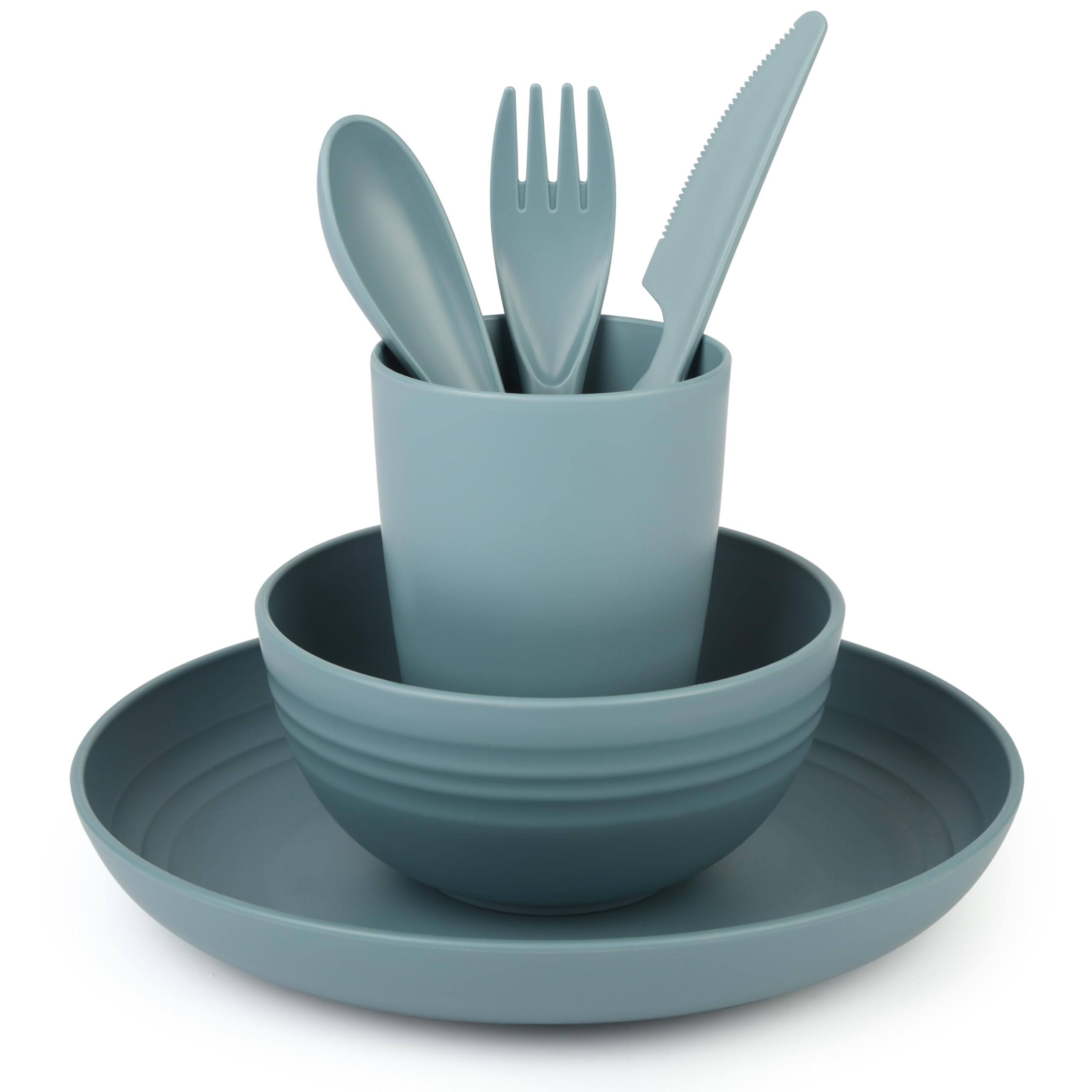 4-Piece Plastic Navy Dinnerware Set - Includes Plate, Bowl, Cup and Cutlery - Unbreakable Reusable Tableware for Camping, Picnic and Dinner - Microwave and Dishwasher Safe Service Set