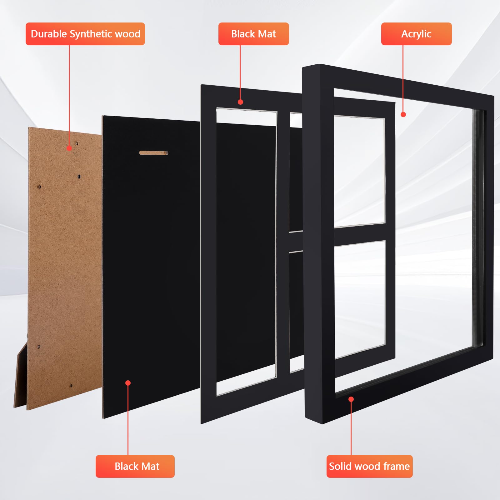 Cornice per medaglia e 2 foto 13x13, acrilico nero | Cornice in pino nero, pannello acrilico, per 1 medaglia e 2 foto, organizer per nastro