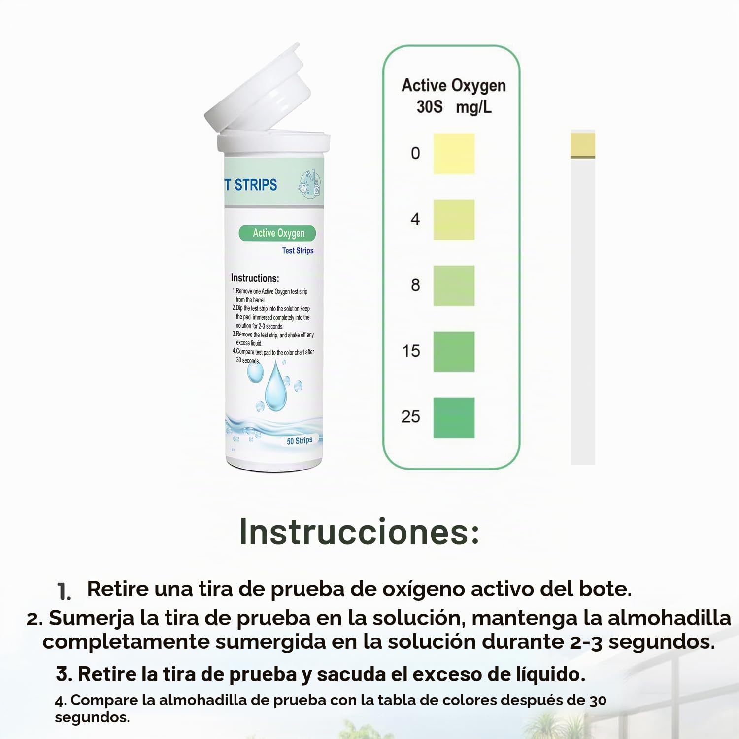 Tiras de Prueba de Oxígeno Activo para Piscina y Spa – 50 Unidades, 0–25 mg/L, Análisis Rápido y Preciso de Ozono, Sin Cloro, Resultado en 30s