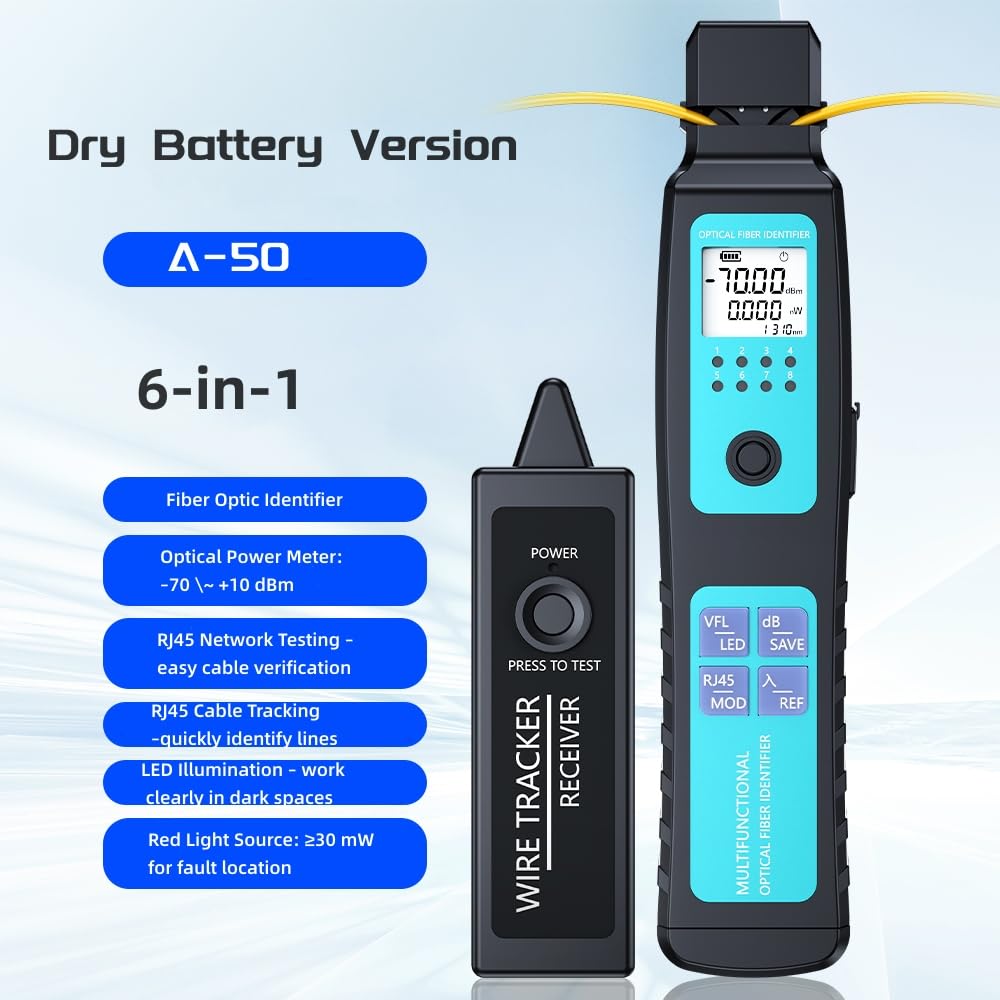 Fiber Optic Identifier & Power Meter Combo - 800-1700nm Live Fiber Detector with ≤5m Class IIa, 40dBm to +10dBm Range,RJ45 Cable Tester- FTTH/OTDR Testing Tool for Network Installation & Maintenance