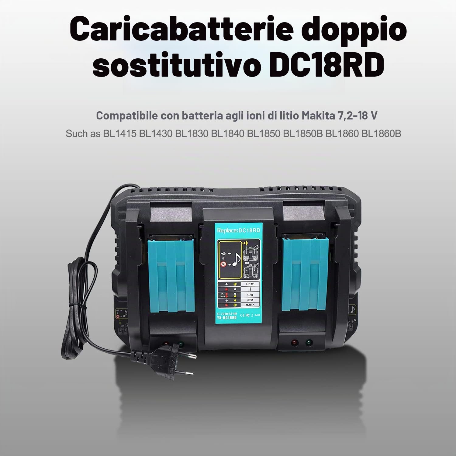 DC18RD 4A doppio caricatore Sostituzione per Makita 18V Li-ion Batteria BL1850B BL1840 BL1840B BL1830 / Sostituzione per Makita 14.4V Batteria BL1415 BL1430 BL1440 DC18RC