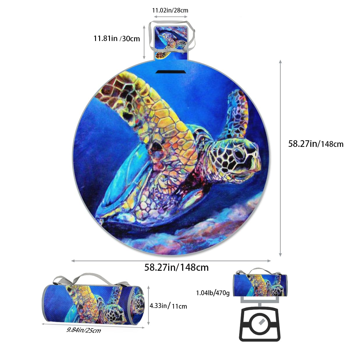 Shimoshe Watercolor Turtle Picnic Outdoor Blanket Foldable Waterproof Sandproof Beach Blanket Portable Water-Resistant Round Picnic Mat for Travel Camping Park Lawn