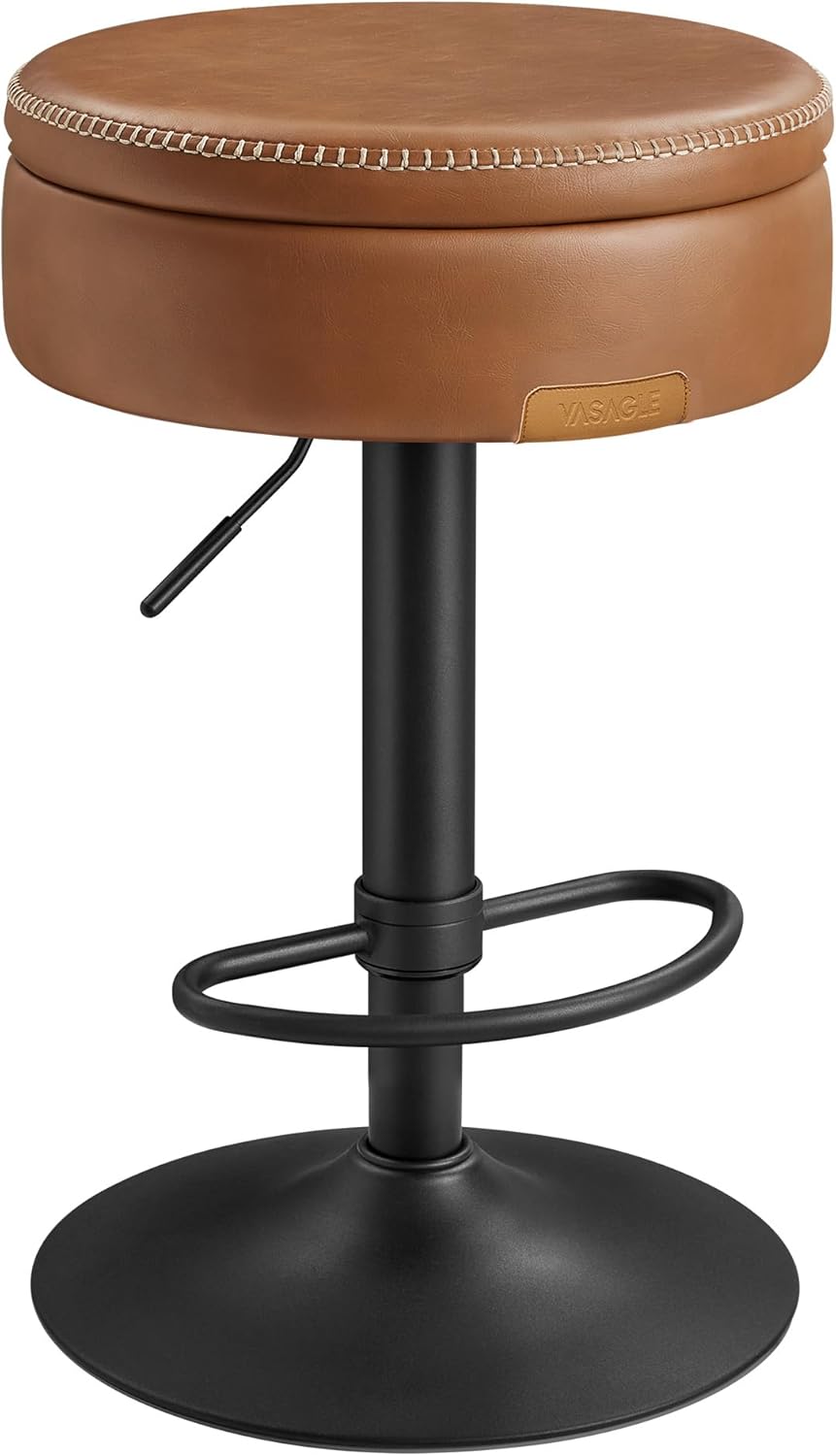 VASAGLE EKHO Collection - 360° Swivel Bar Stool, Height Adjustable Barstool with Storage, Synthetic Leather with Stitching, Mid-Century Modern, Kitchen Bar, Easy Assembly, Ink Black