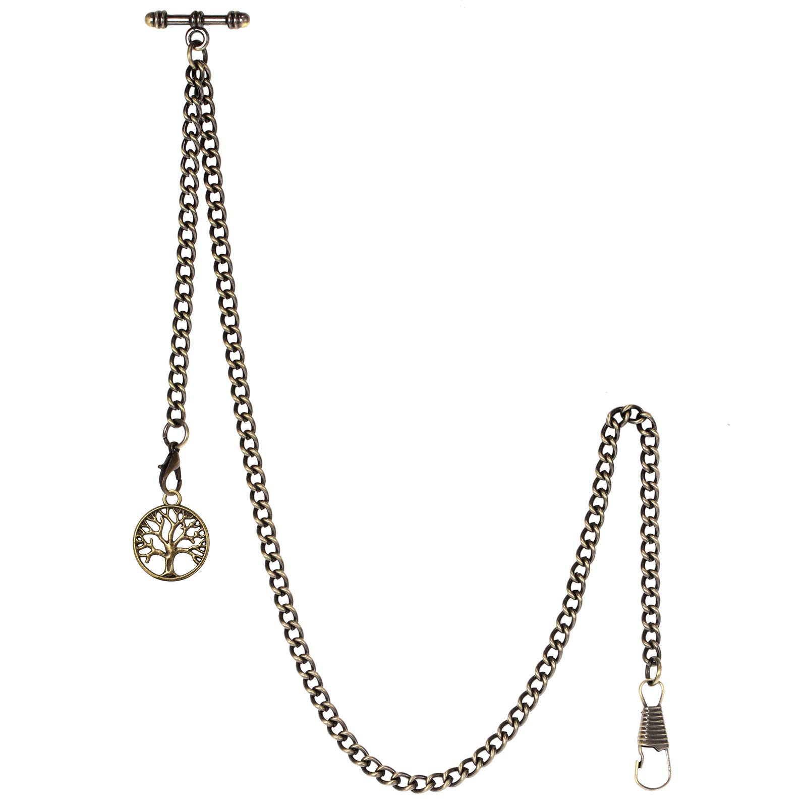 Men's Albert Chain Pocket Watch Curb Link Key Chain 2 Hooks with Antique Life Tree Pendant Design Charm Fob T Bar