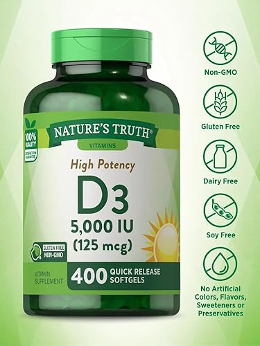 Miniatura 3 de Nature's Truth Vitamina D3 5000 UI cápsulas blandas  400 unidades  Alta potencia  Suplemento sin OMG y sin gluten