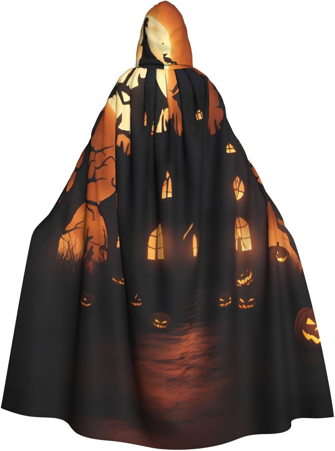 Unisex Full Length Hooded Halloween Christmas Party Robe Cloak Cape Cosplay Costume Men Women Scary Halloween Prints Black