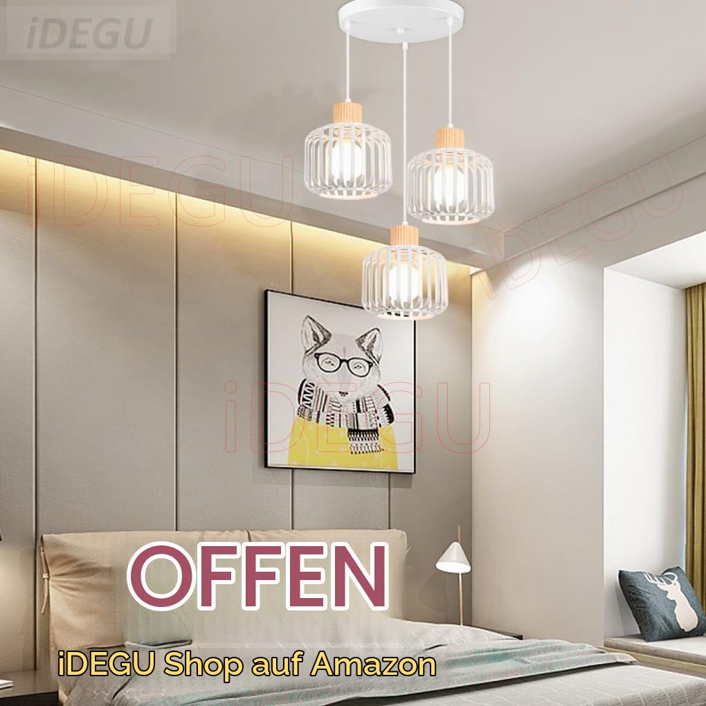 iDEGU 3-flammig Pendelleuchte Retro Vintage Hängelampe aus Holz Metall Industrie Lampe Käfig Lampenschirm E27 Deckenleuchte Moderne Hängeleuchte für Wohnzimmer Küche Esszimmer Cafe (Rondell, Weiß)