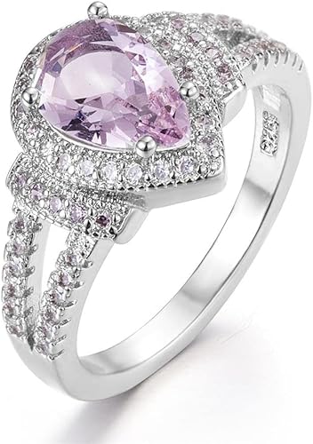 Anillo de plata de ley 925 brillante con forma de gota de agua, circonita cúbica, anillo de diamante de corazón rosa para mujer, joyería de