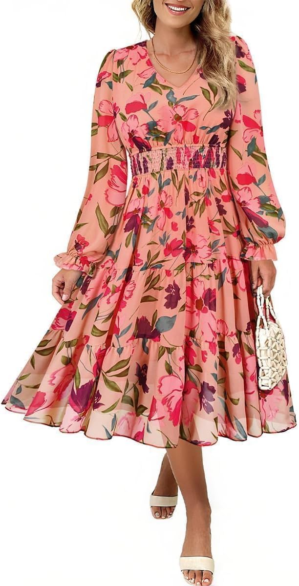 TIYOMI Plus Size Maxi Floral Dress for Women 2025 Long Sleeve V Neck Flowy Dress Empire Waist Wedding Guest Dresses