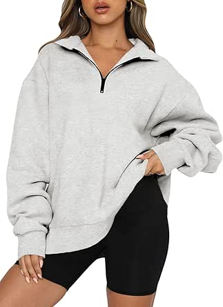 BLENCOT Half Zip Oversized Sweatshirt for Women Long Sleeve Solid Color Drop Shoulder Fleece Workout Pullover XS-3XL
