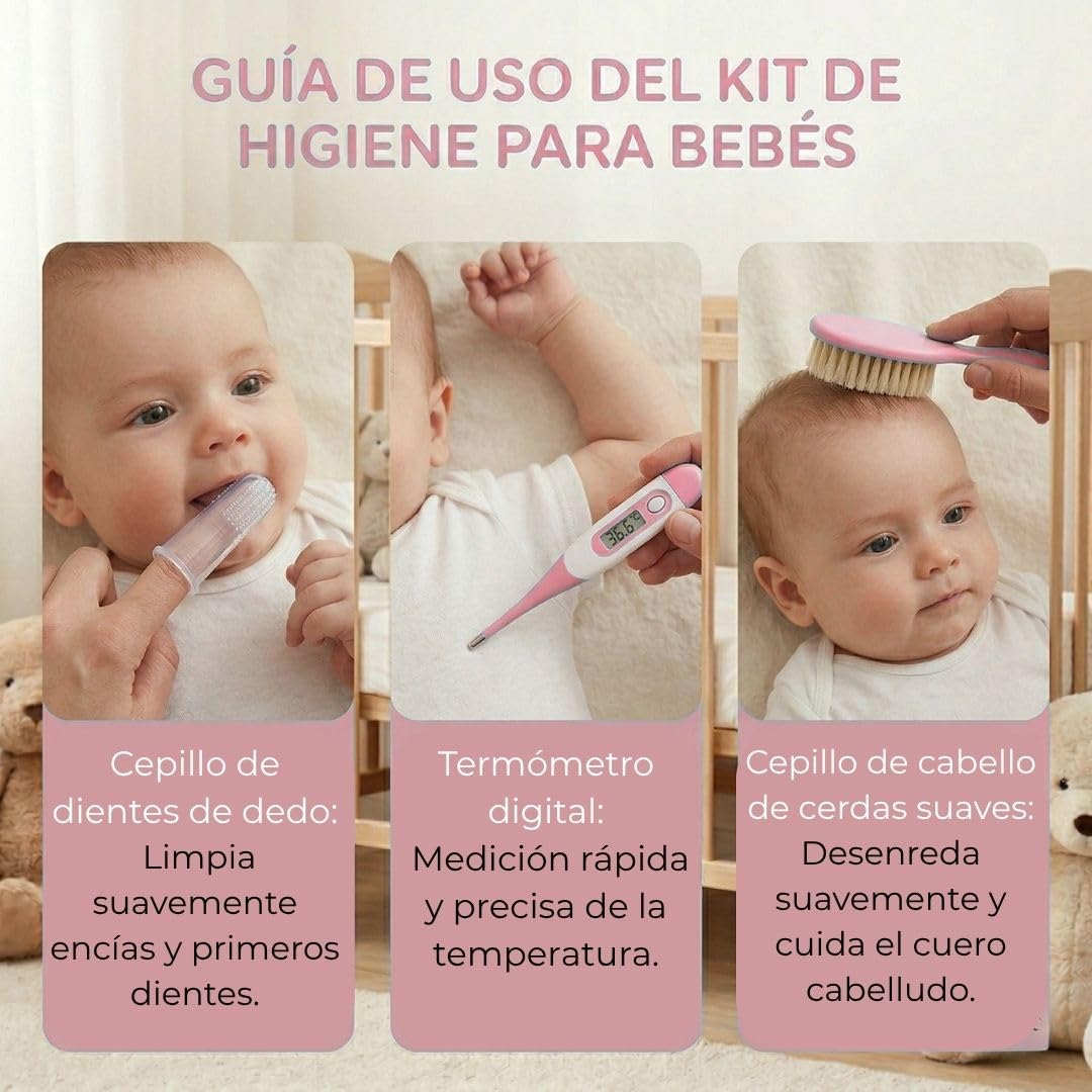 Kit de Cuidado e Higiene para Bebé | Estuche Portátil con Cepillo y Peine, Tijeras, Lima, Cortaúñas, Termómetro Digital, Aspirador Nasal y Protector de Chupete (Rosa)
