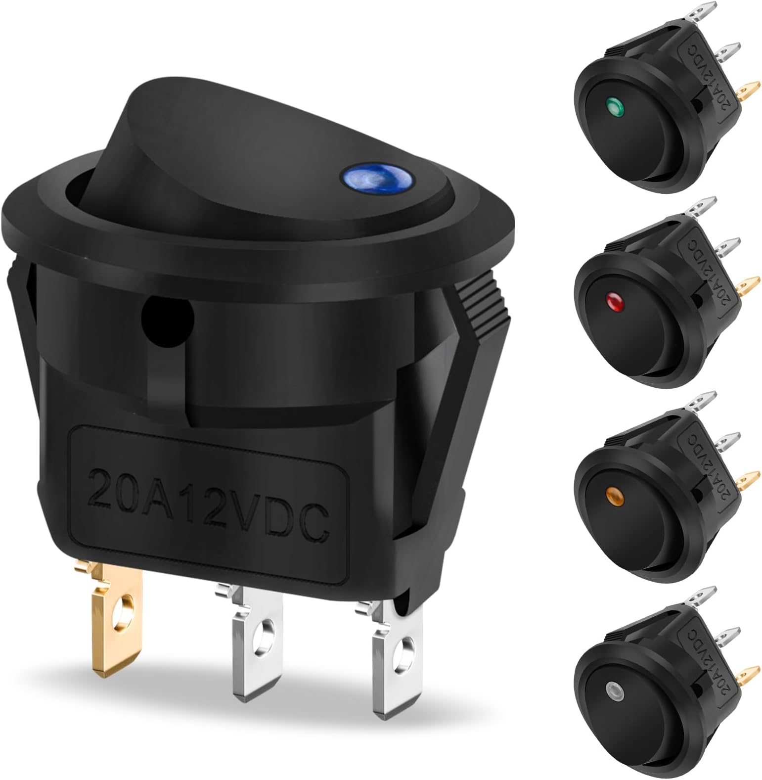 12V LED-Illuminated Round Rocker Switch, 5Pcs 20A Toggle with 5-Color LED Light for Car, Boat, Household