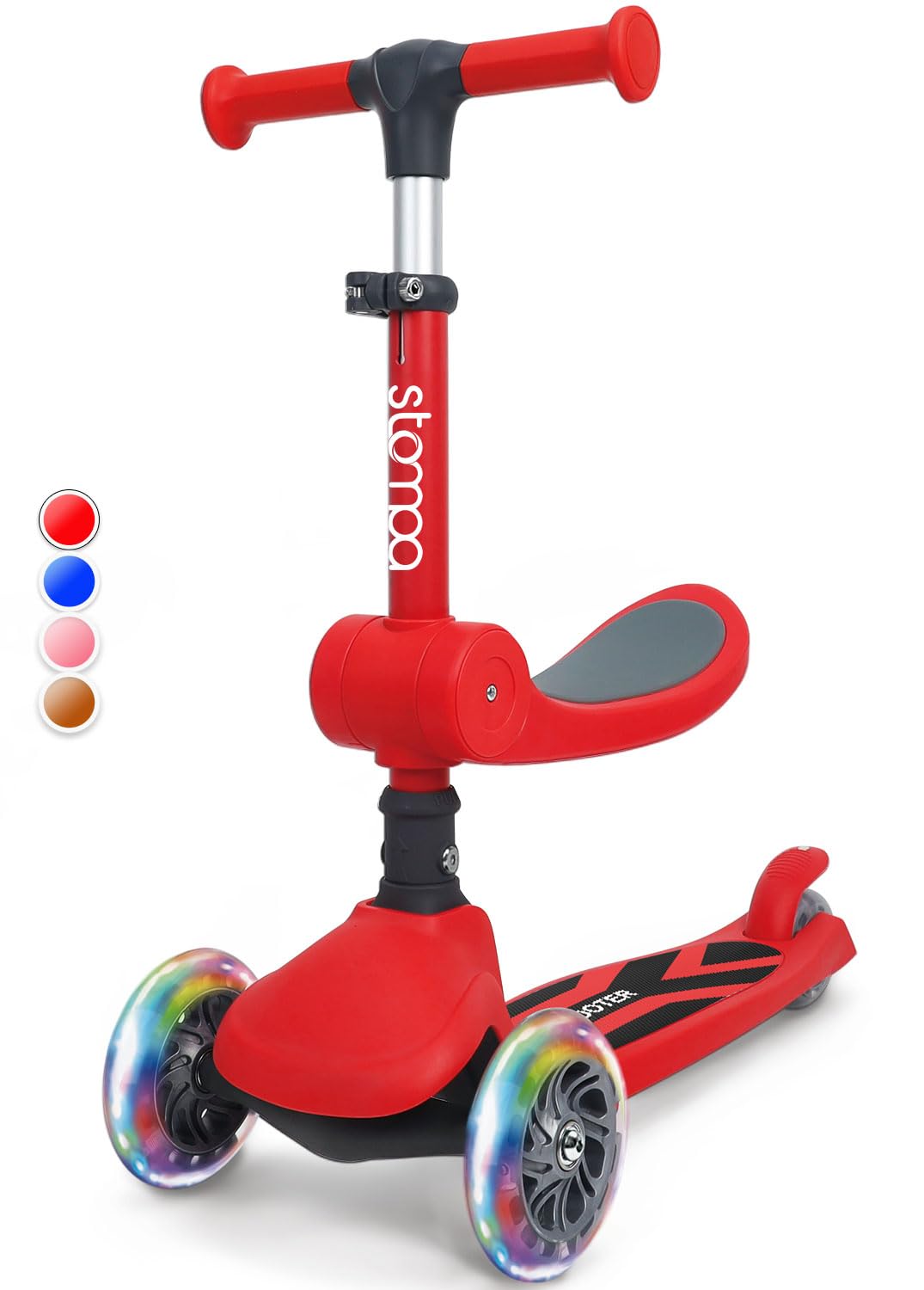 Stompa Kids Scooter 2-in-1 with Seat | 3 Wheel Toddler Scooter for 2 Year Old Boy Girl | LED Light Up Wheels, Adjustable Height, Foldable, Lean to Steer, Max 50KG