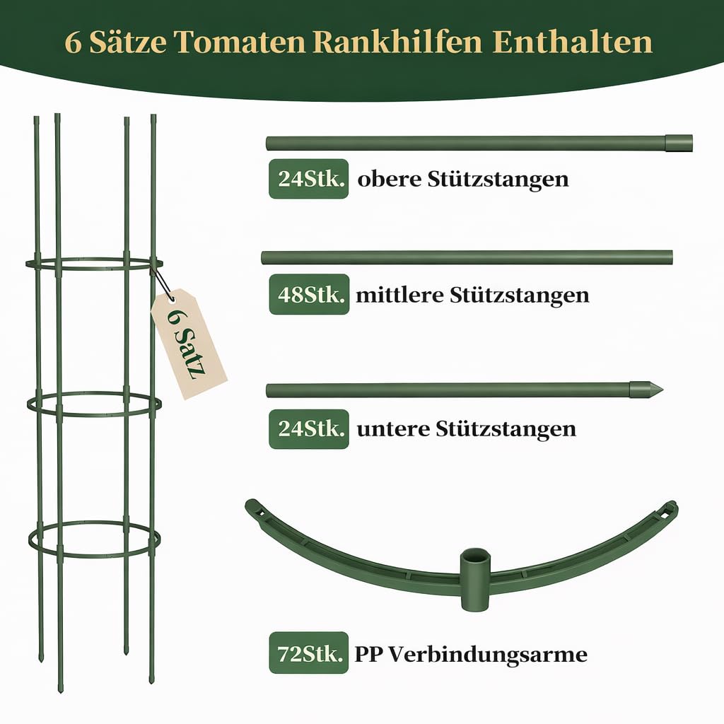 Tomaten Rankhilfe 6 Stück, 123cm Rankhilfen für Kletterpflanzen, Verstellbarer Tomatenkäfig & Pflanzenstütze, Rankgitter Metall, Tomatenturm/Gurkenturm für Rosen, Blumenstütze, Garten, Hochbeet