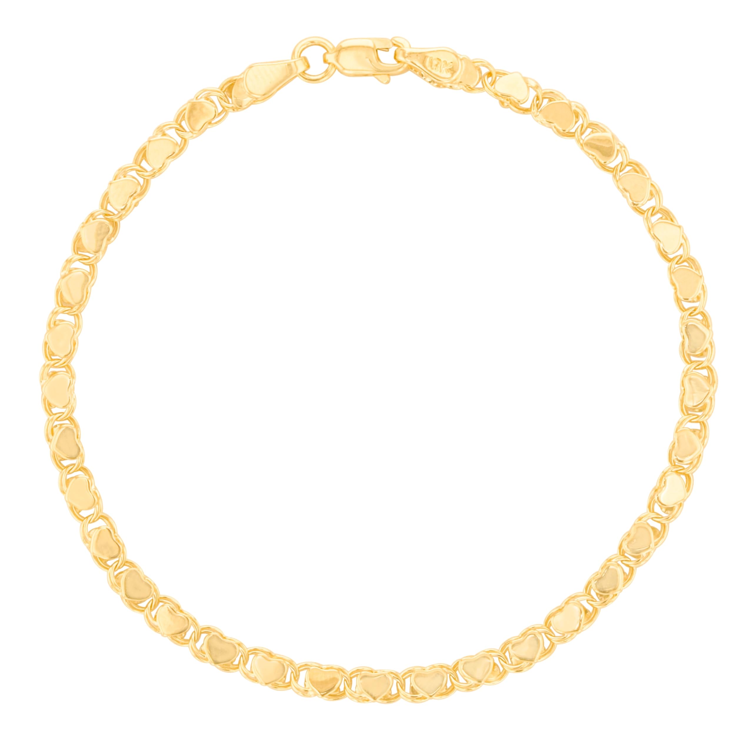 Floreo 10k Yellow Gold 2.6mm Relationship and Friendship Mirror Chain with Double Sided Heart Charms Bracelet or Anklet