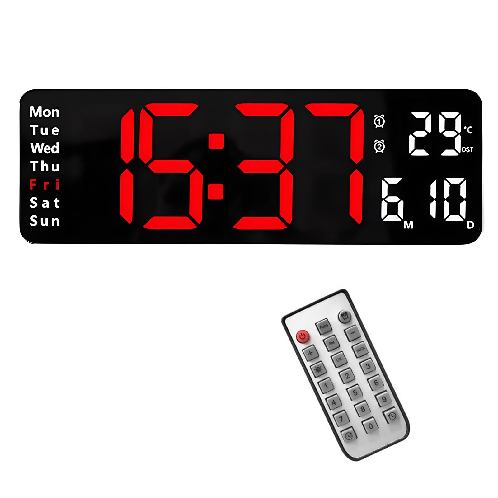 Reloj de Pared Digital, 13 Pulgadas Pantalla LED con Sentado y Colgado Control Remoto Batería Enchufe Temperatura Fecha Semana para Salón Casa