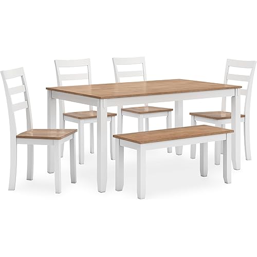 Signature Design by Ashley Gesthaven Modern Dining Table with 4 Chairs and Bench, Set of 6, White & Light Brown