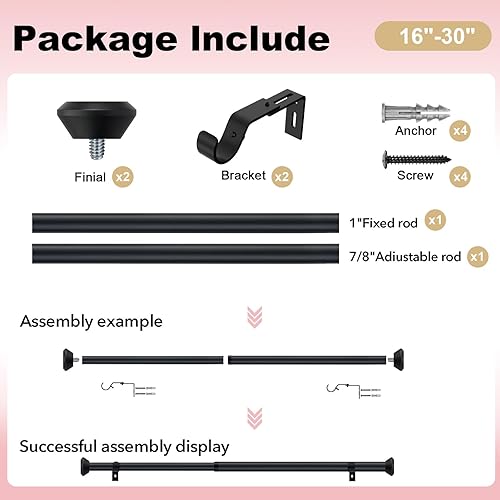 Miniatura 7 de Barras de cortina resistentes para ventanas de 16 a 30 pulgadas, barras de cortina negras de 1 pulgada para dormitorio, sala de estar, patio,