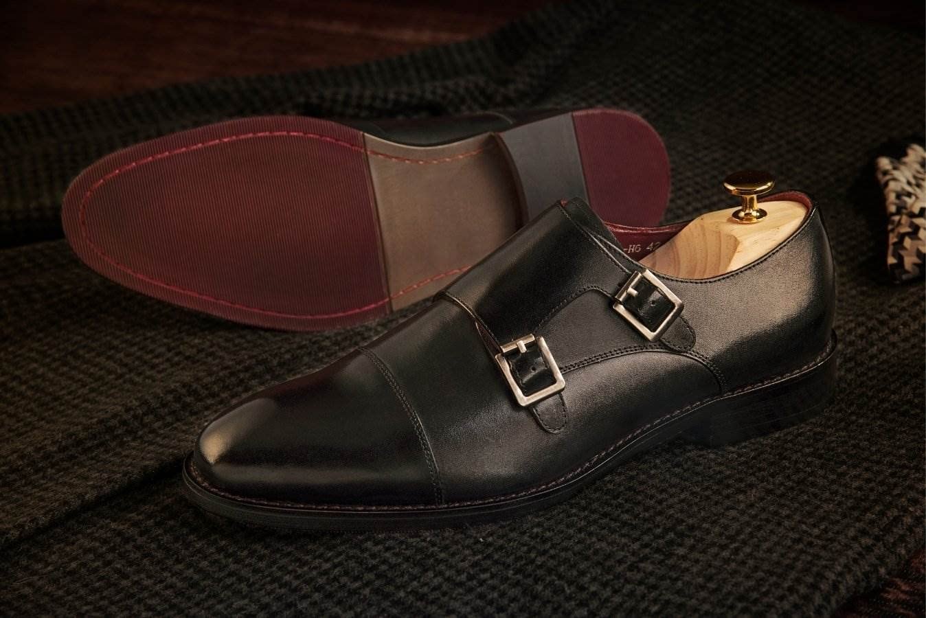 Marc Brunell Zapatos de hebilla de acero monje doble de cuero real para hombre en caja de regalo de madera más extras