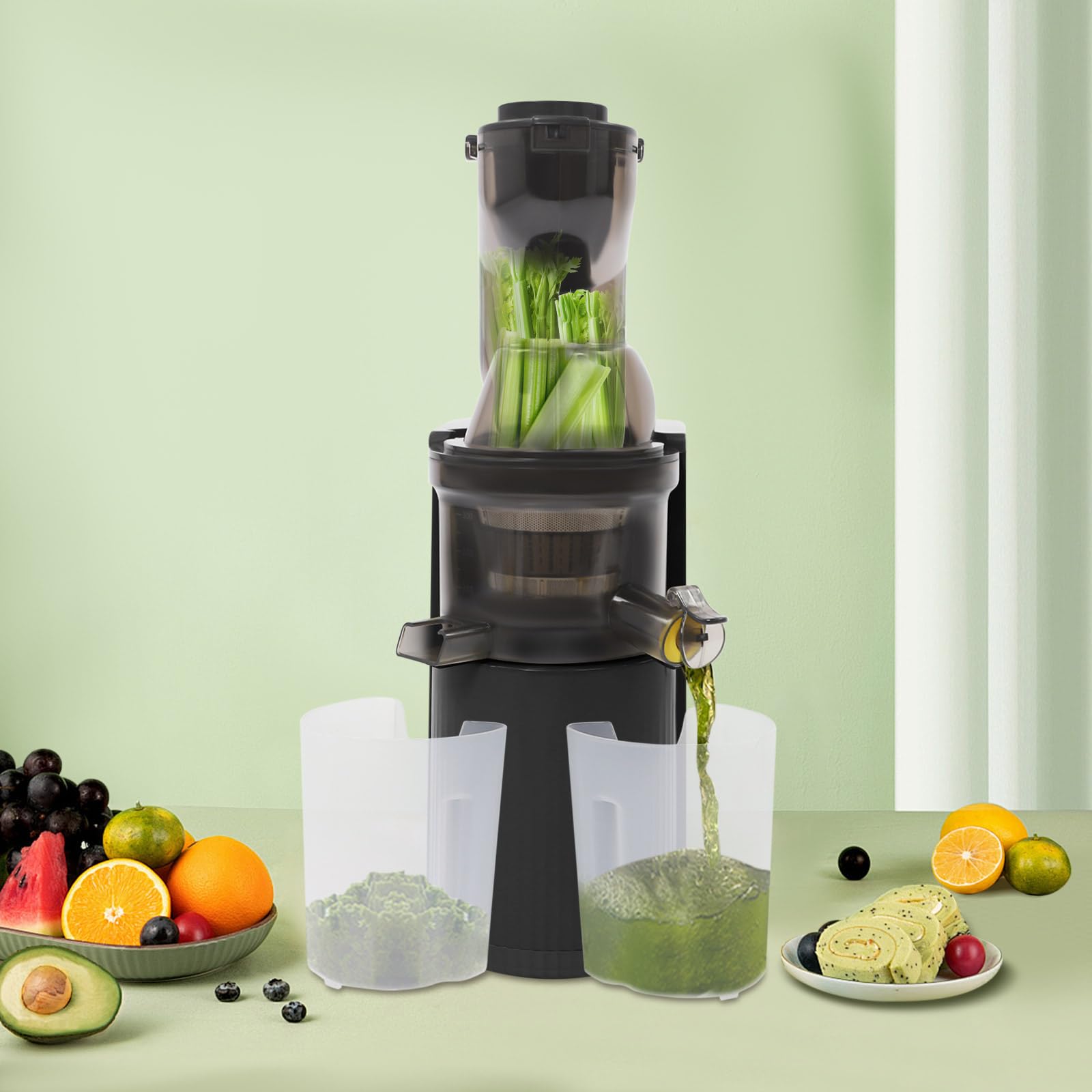 Spremiagrumi – Slow Juicer con vano di riempimento da 80 mm, contenitore da 500 ml, senza BPA, silenzioso con 2 bicchieri, spremiagrumi elettrico a freddo per famiglie, attenti alla salute, facile da