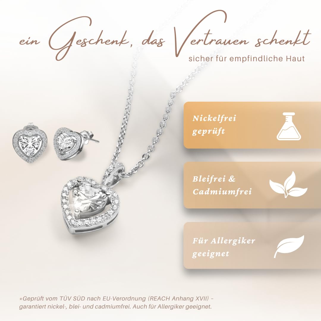 LOVENEST Schmuck Set Damen Silber 925/Rosegold/Gold ZIRKONIA | Herz Schmuckset 3tlg. zum Geburtstag Hochzeitstag Weihnachten | Kette und Ohrringe Set | Geschenk für Frau Ehefrau Freundin