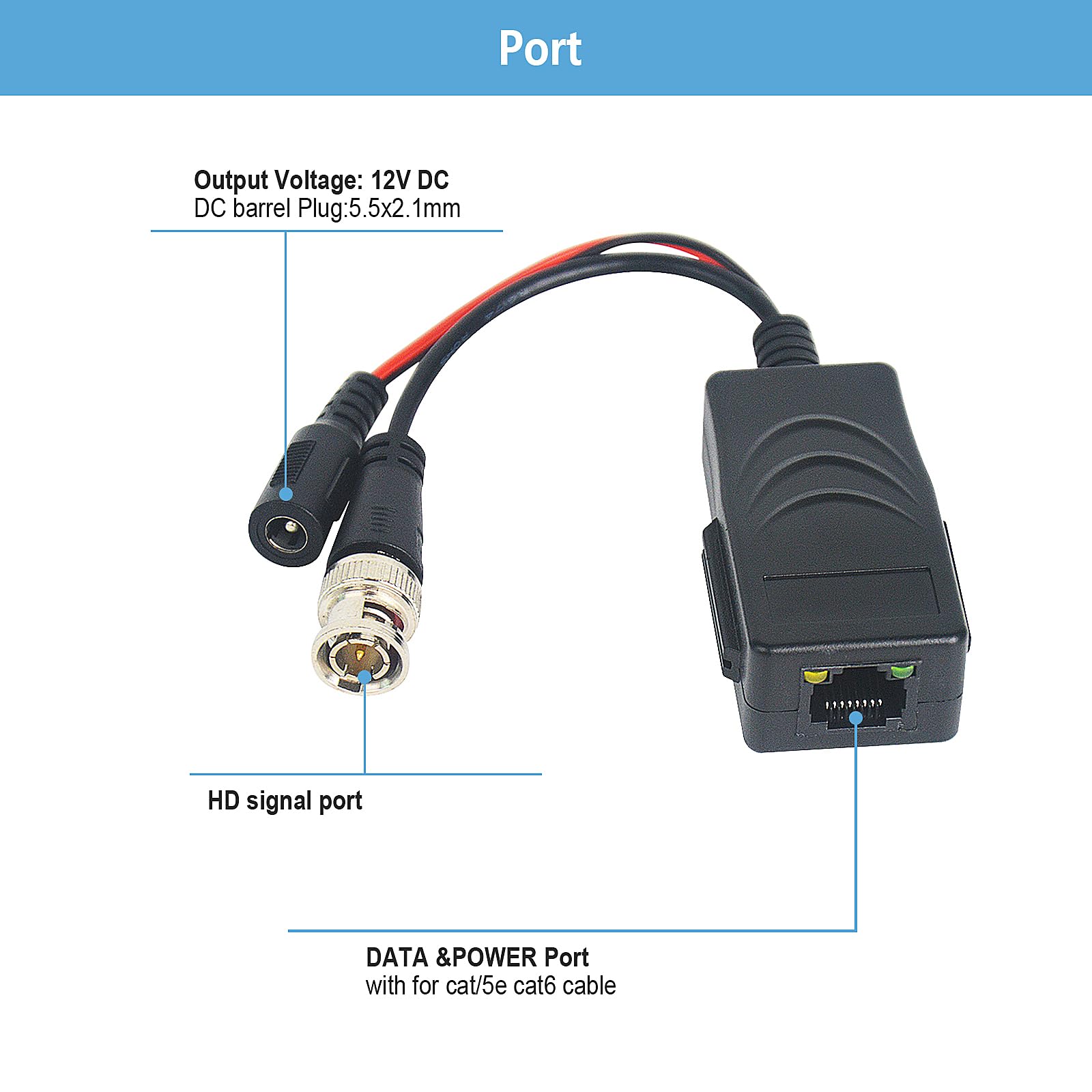 ENS Pair of 1 Channel HD Video & Power Passive Balun Connectors, Cat5 RJ45 to CCTV BNC Video Baluns, 1 Pair for All Resolution CVI/TVI/AHD/CVBS/960H Analog Security Camera, Receiver & Transmitter