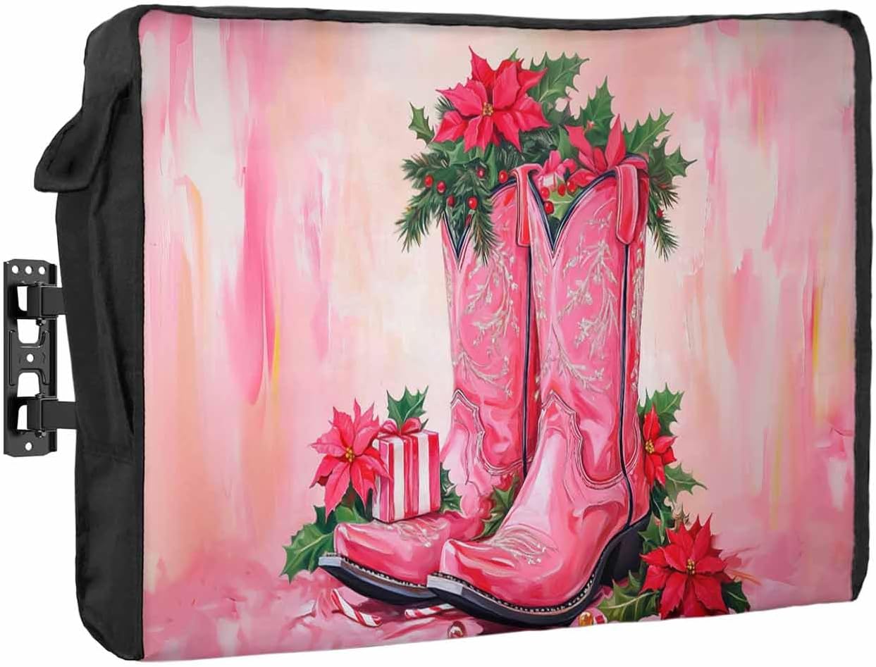 Western Christmas Outdoor TV Cover 36"-39" - 600D Waterproof TV Cover Weatherproof TV Screen Protector Dustproof Watercolor Poinsettia Cowboy Boots Pink TV Display Protector for Outside Flat Screen TV
