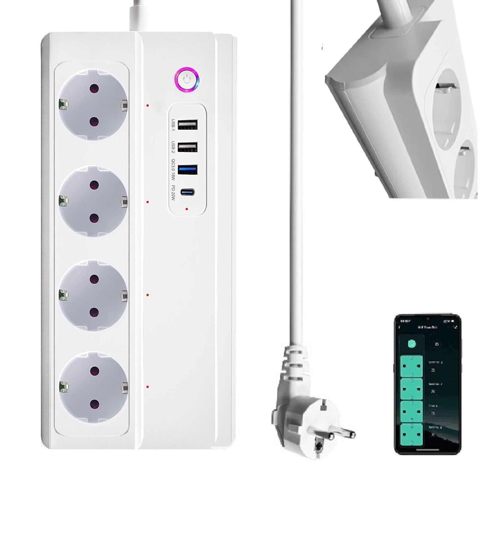Ciabatta elettrica intelligente WLAN 16A, USB C multipresa da 20 W, controllo individuale di 4 prese AC, supporta app Tuya e Smart Life, timer, conto alla rovescia, compatibilità Alexa Google Home