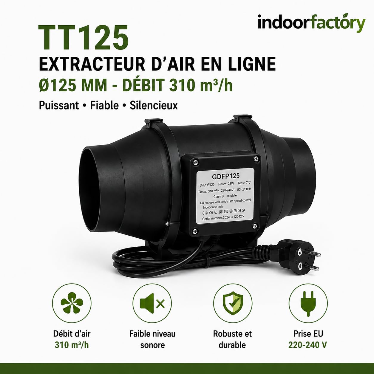 TT125 – Luftabzug Ø 125 mm – Rohrventilator 310 m³/h – Rohrabzug für Belüftung, Innenanbau, Werkstatt, Garage – EU-Stecker