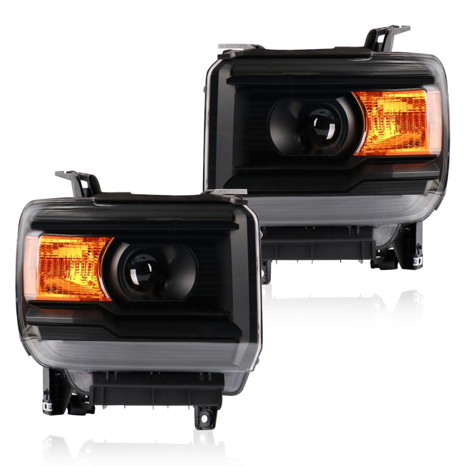 Headlights Compatible with 2014-2019 GMC Sierra 1500 2500 3500 Base/Denali/SLE/SLT Halogen Black and Yellow Type Head Lights Lamp