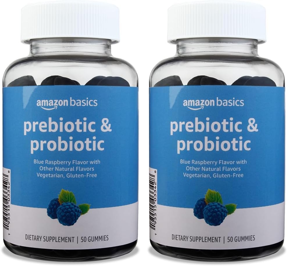 Amazon Brand - Solimo Prebiotic & Probiotic Gummies, Two Billion CFU, Blue Raspberry, 50 Count (2 per Serving) (Pack of 2) 50 Count (Pack of 2)