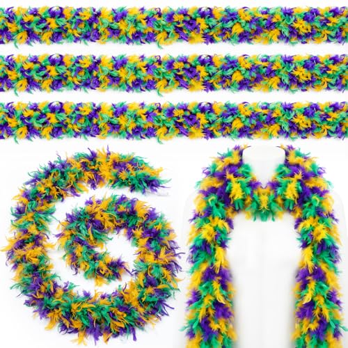 Ramede 3 Pcs Mardi Gras Feather Boa LED Lights Tinsel Garland Turkey Boa Colorful for Mardi Gras Wedding Costume Decoration