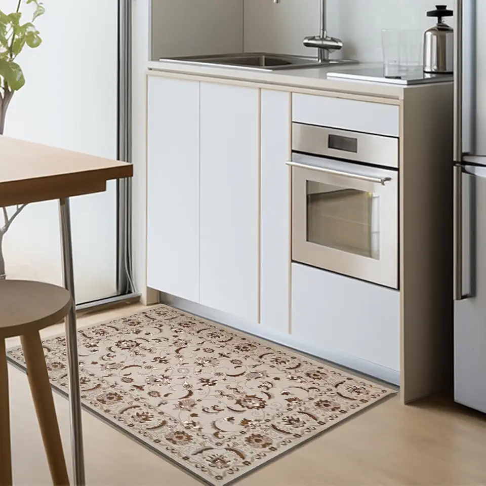 1 Tapete Cozinha Antiderrapante Absorvente 50x80 Js Do Pe Vr (M03 Creme Cotton Bege - Classico Floral Flores Medalhão)