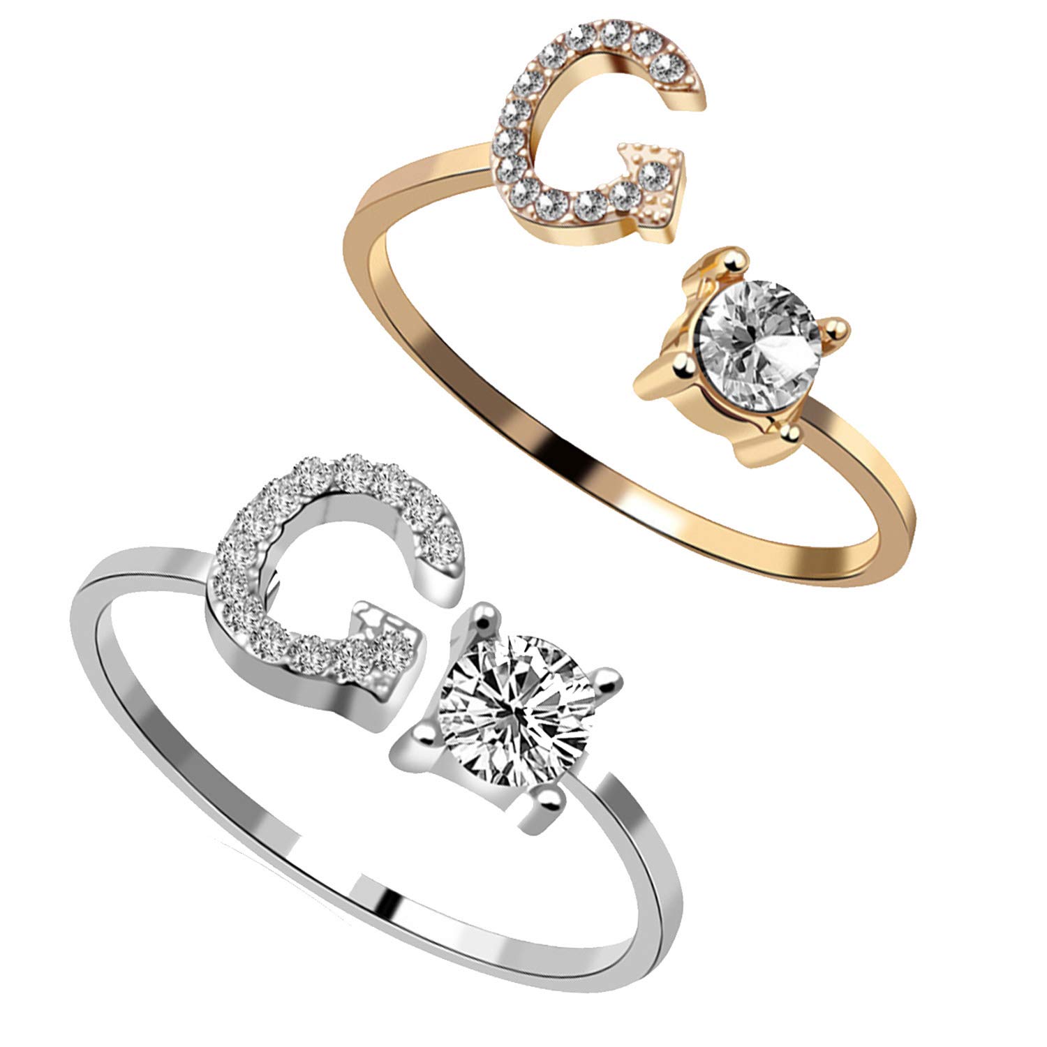 RINHOO 2PC/Set Initial Letter Alphabet Knuckle Rings A-Z Silver and Gold Crystal Adjustable Finger Ring for Women Jewelry