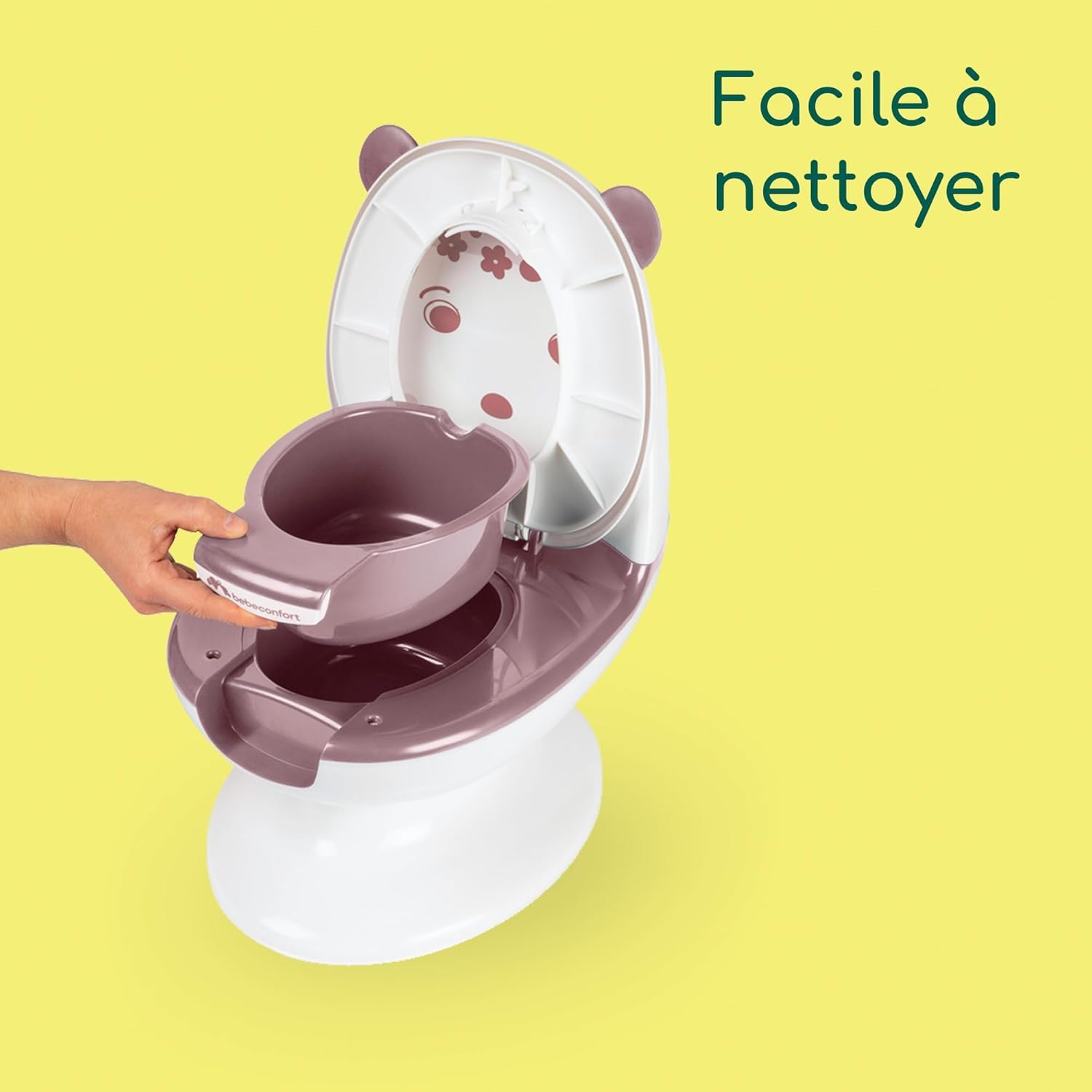 Bebeconfort Pot Bébé Toilette, Siège d'Apprentissage de la Propreté, 1-3 ans, 0-20 kg, Pare-Éclaboussures, Vrai Son de Chasse d'Eau, Cuvette Amovible, Facile à Nettoyer, Ours Lavande - 5