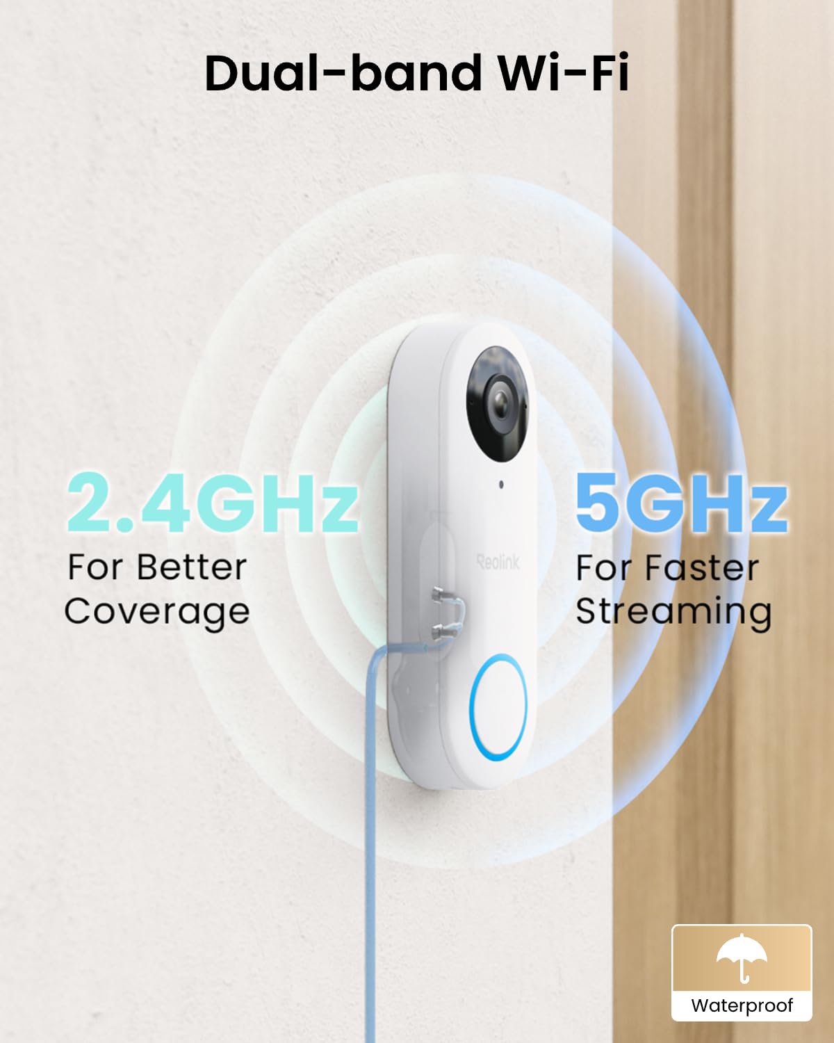 Dzwonek wideo Reolink 5MP z kamerą Wi-Fi i dzwonkiem, widok 3:4 od stóp do głów, widok 180°, Wi-Fi 5/2,4 GHz, dźwięk dwukierunkowy, wykrywanie osób/paczek, inteligentne alerty (przewodowe)
