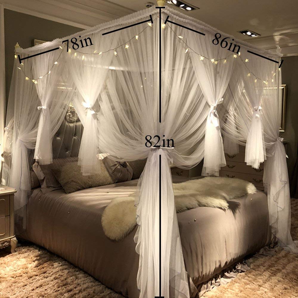 FARMER KING MAT White 86" W*78" L*82" H, 4 Corners Post Canopy Bed Curtain for Girls Boys & Adults, Princess Bedroom Decoration, Royal Luxurious Cozy Drape Netting, Cute Princess Bedroom Decoration 1
