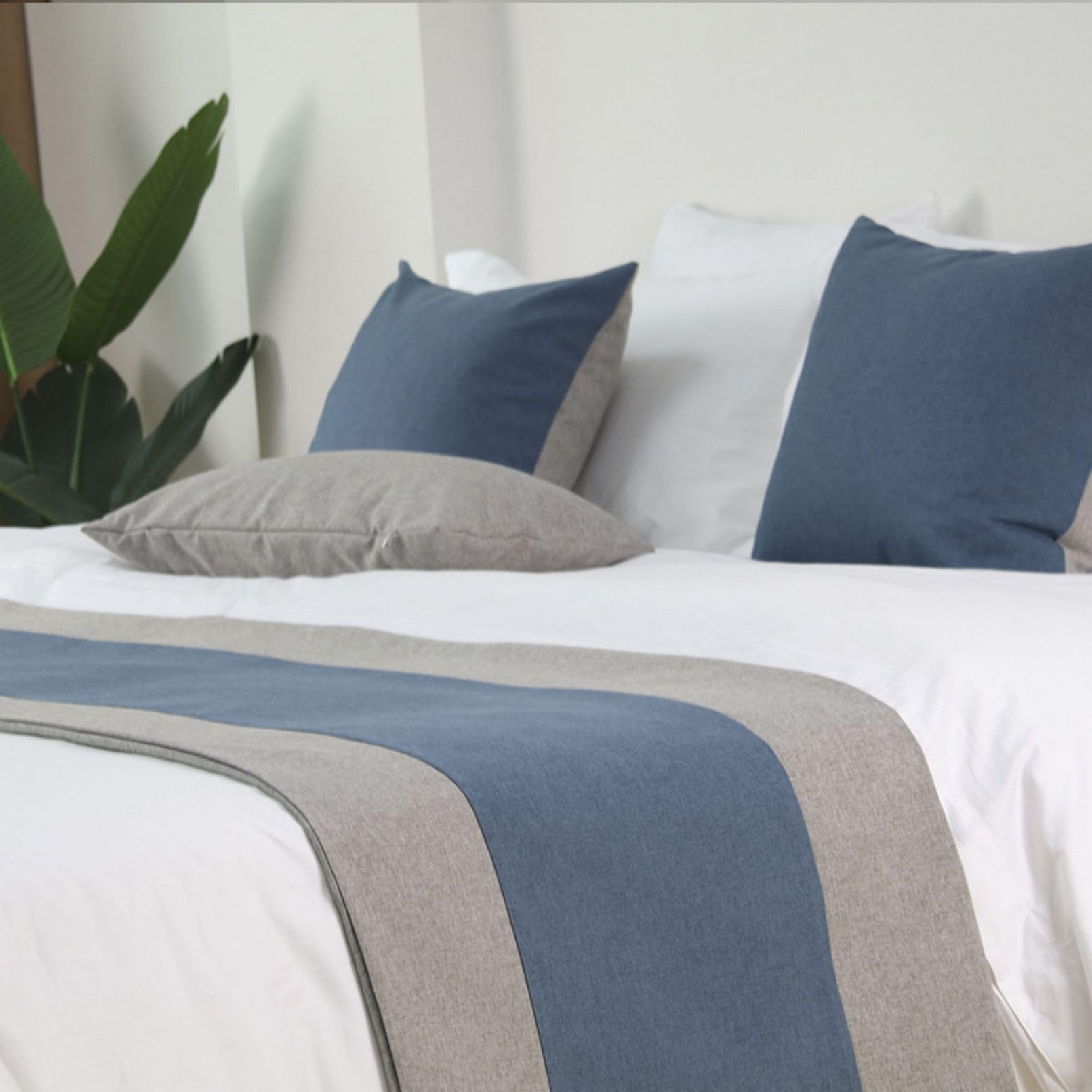 Caminos de cama y bufandas de lino azul y gris de retazos 50x260 cm para dormitorio de hotel de lujo
