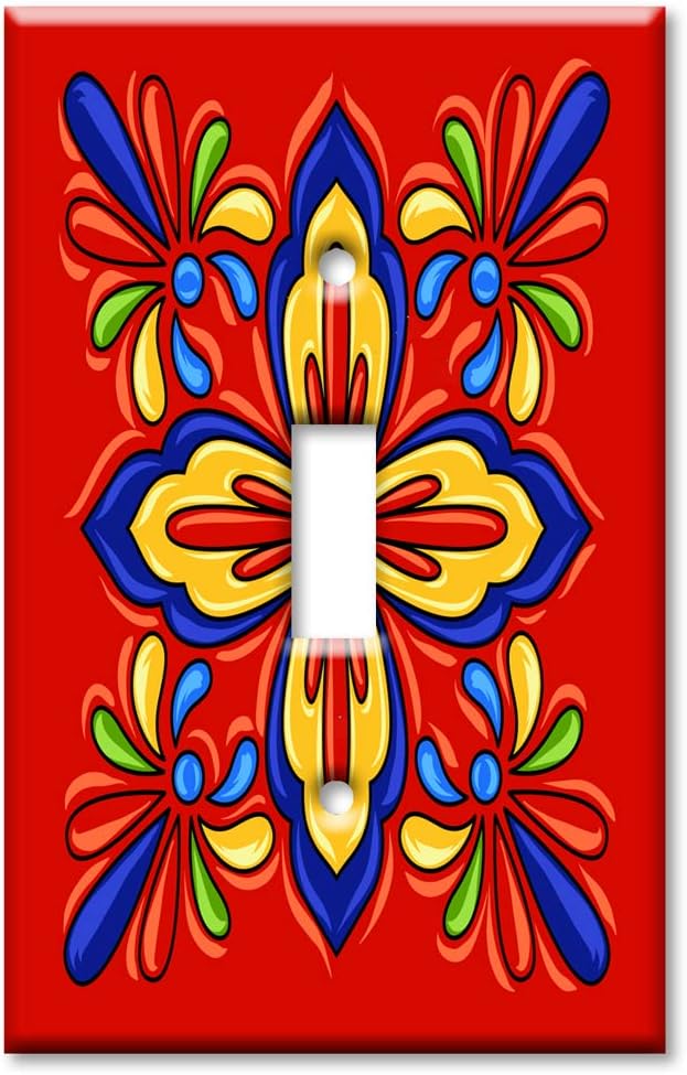 Art Plates - Decorative Light Switch Plate Cover Plate - Decorative Metal Wall Plate - 1 Gang Toggle - Red Mexican Talavera Tile (PRINTED IMAGE) - (Made in USA)