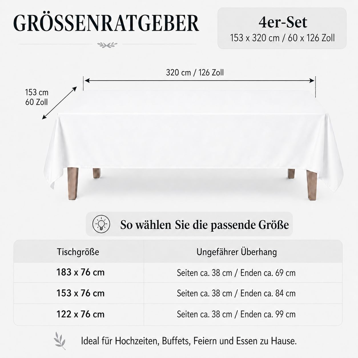 Pesonlook 4er-Set Rechteckige Tischdecke Weiß, 153 x 320 cm, Polyester-Tischtuch Waschbar, Wasserabweisend und Fleckenabweisend, Stofftischdecke für Hochzeit, Bankett, Party, Buffet