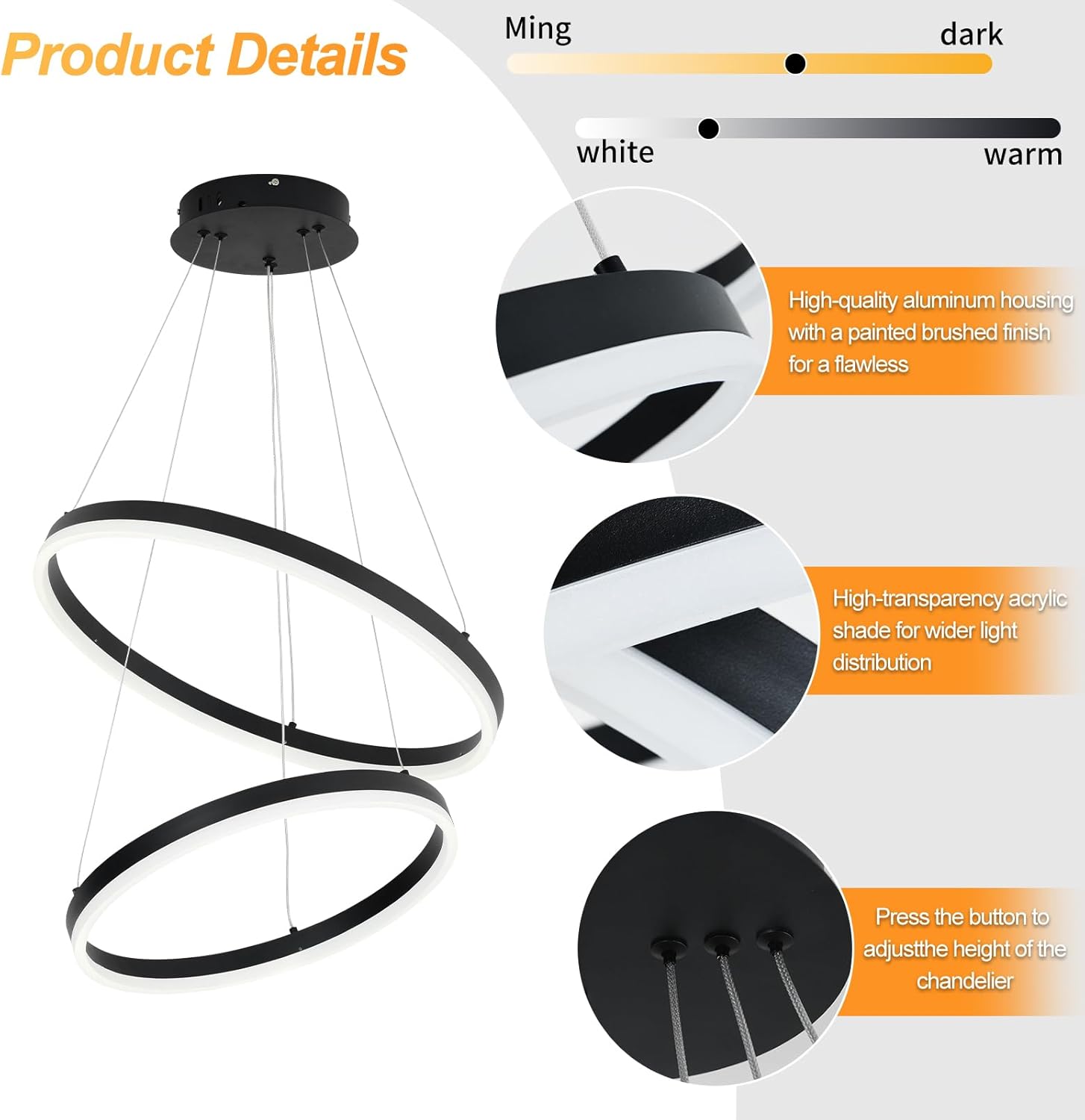 2-Ring Modern Black LED Chandelier Dimmable Pendant Light with Remote Control Flush Mount High Ceiling Circle Light Fixture for Dining Bed Living Room Foyer 3000K-6500K