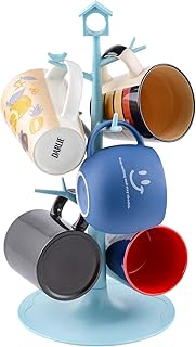 World Backyard 6 Mugs Holder Tree Cups Hanging Stand (Blue with Bird & House Sign)