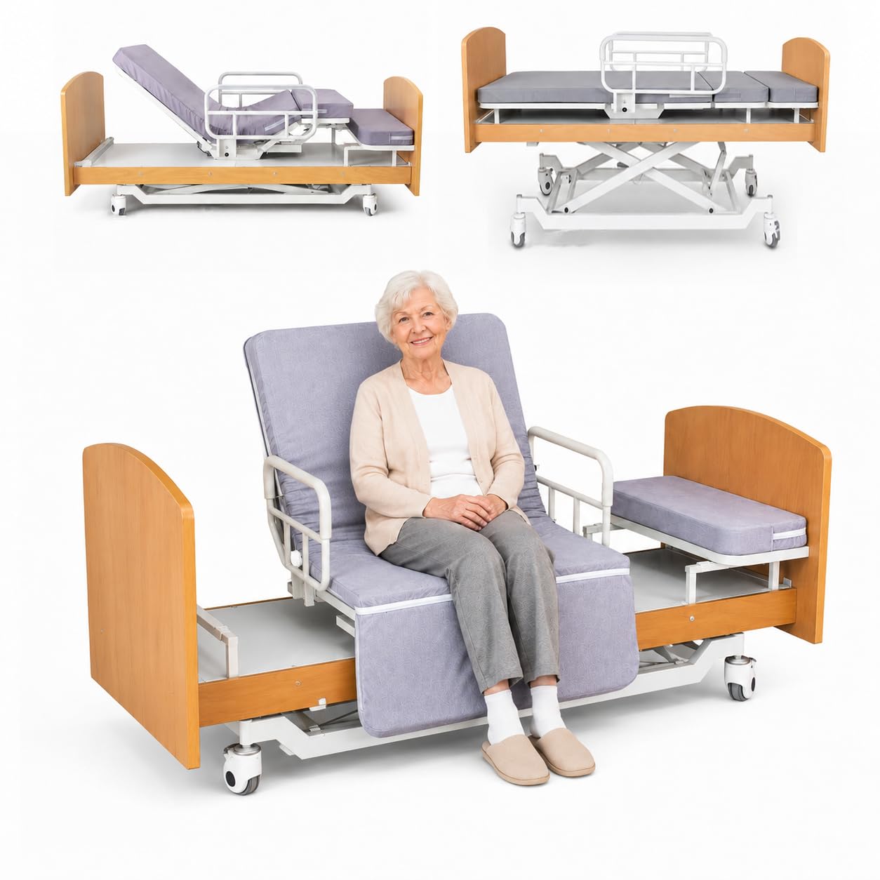 View 1 of [broken wheel] TYJTYDGF Rotating Electric Hospital Beds for Home Use, 90° Sit-to-Stand Nursing Medical Bed for Seniors and Disabled with Adjustable Height, Backrest, Leg Rest, 550 lbs Capacity, Mattress Included
