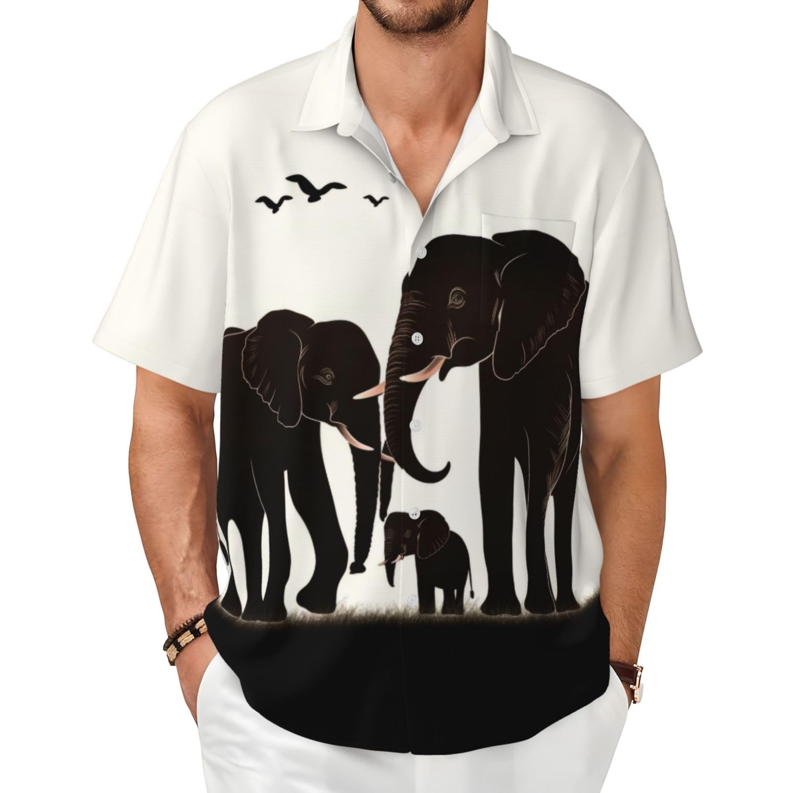 Bktraverpt Men's 3 D Hawaiian Shirt Short Sleeved Old Elephant And Young Elephant Print Summer Beach Holiday Regular Fit Casual Button Down Shirts With Pocket