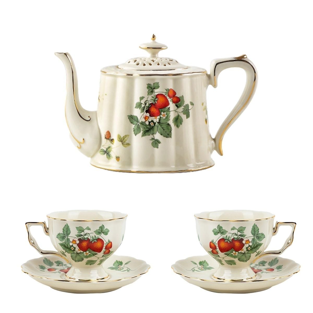 Xinrui One Color British Style Porcelain Tea Set, Ceramic Strawberry Pattern Tea Pot, Cups, And Saucers Present Set, 900Ml Teapot, 220Ml Cups, Ideal For Afternoon Tea, Weddings